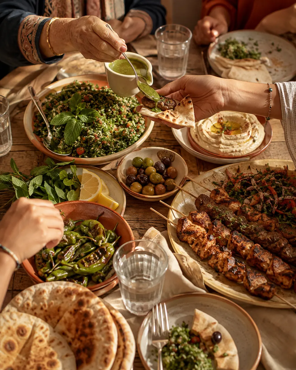 Hands reaching over a shared Middle Eastern table spread, one drizzling green sauce onto a wrap